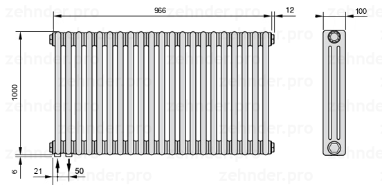 Схема (чертеж) Радиатор Zehnder Charleston 3100/21 №3370 Белый глянцевый RAL 9016